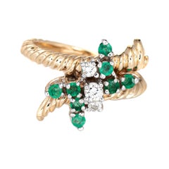 Vintage Emerald Diamond Ring Cluster 14k Yellow Gold Estate Fine Jewelry