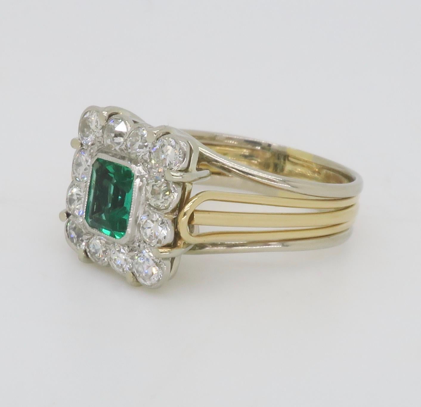 Vintage-Ring mit Smaragd und Diamant aus Platin und 18 Karat Gold, gefertigt  im Angebot 10