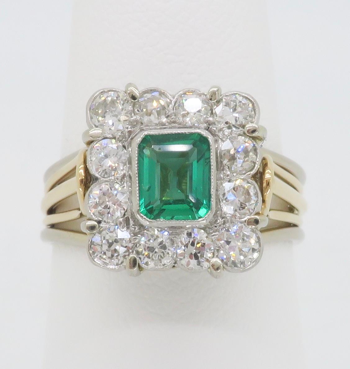 Beautiful Emerald & Diamond ring crafted in Platinum & 18k Yellow Gold. 

Gemstone: Emerald & Diamond 
Diamond Carat Weight: .96CTW
Diamond Cut: Old European Cut Diamonds
Diamond Color: F-H 
Diamond Clarity: SI-I
Emerald Carat Weight: .61ct 
Metal: