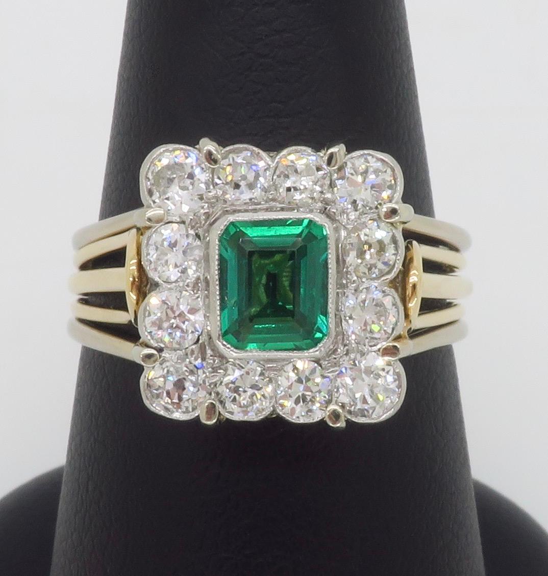 Vintage Emerald & Diamond Ring Crafted in Platinum & 18k Gold  For Sale 15