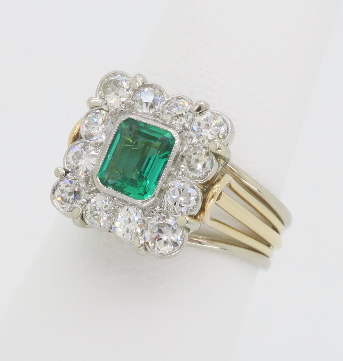 Vintage Emerald & Diamond Ring Crafted in Platinum & 18k Gold  In Excellent Condition For Sale In Webster, NY