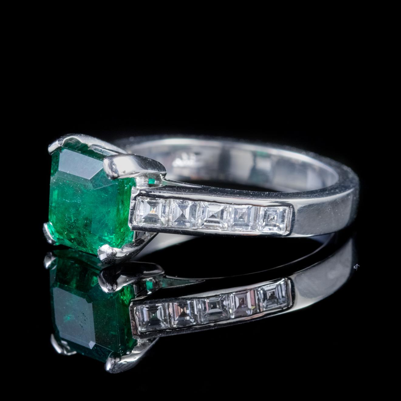 Vintage Emerald Diamond Ring Platinum 2.27ct Emerald 0.80ct Diamond Dated 1956 In Good Condition For Sale In Lancaster, Lancashire