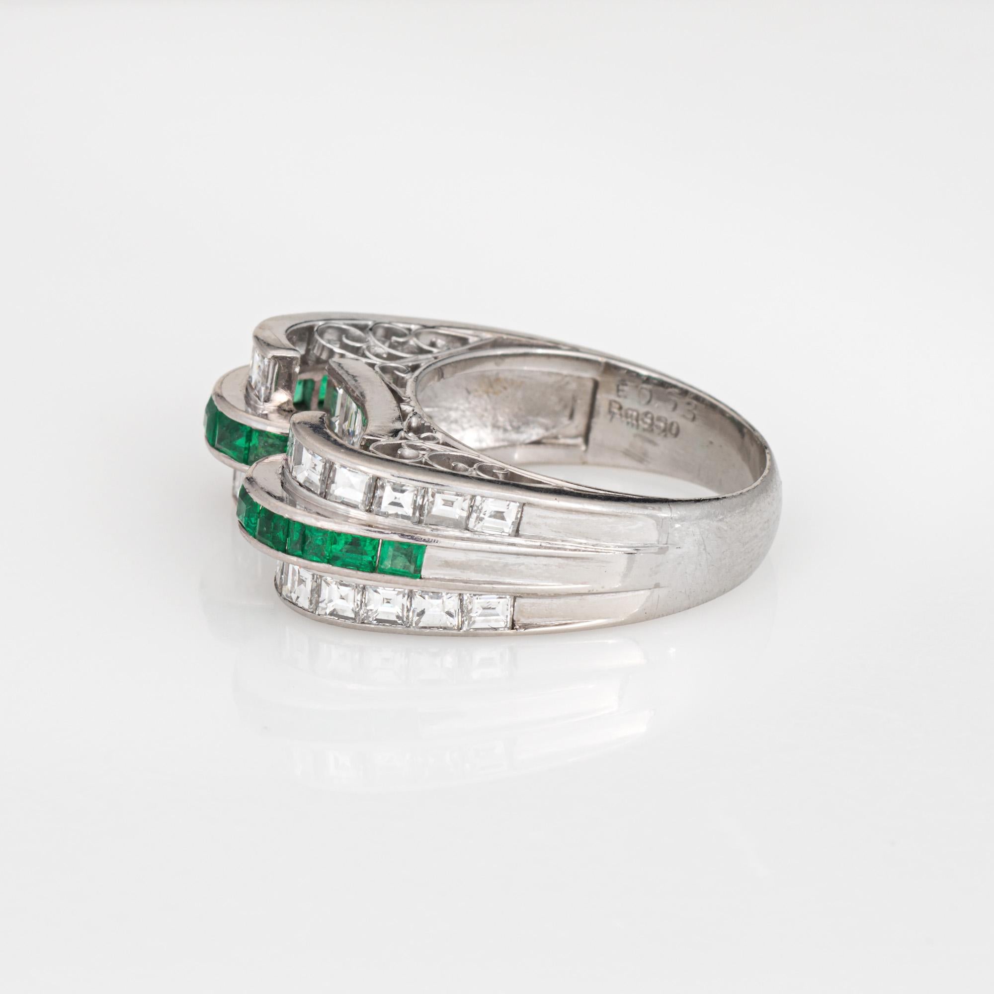 Anillo Vintage Esmeralda Diamante Scrolled S 6 Banda Platino Estate Fine Jewelry Corte cuadrado en venta