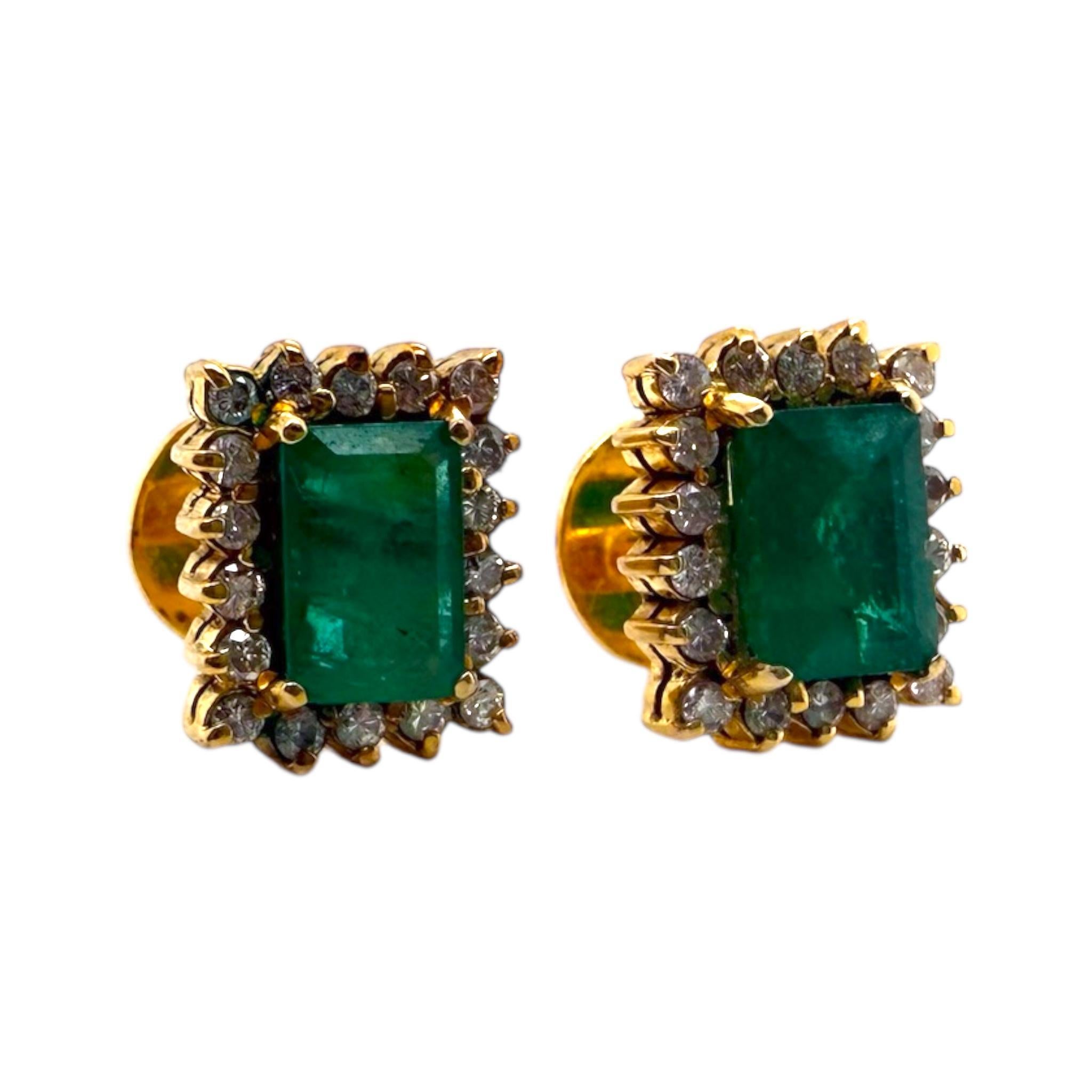 Vintage Smaragd & Diamant-Ohrstecker 14K Gelbgold Damen im Angebot