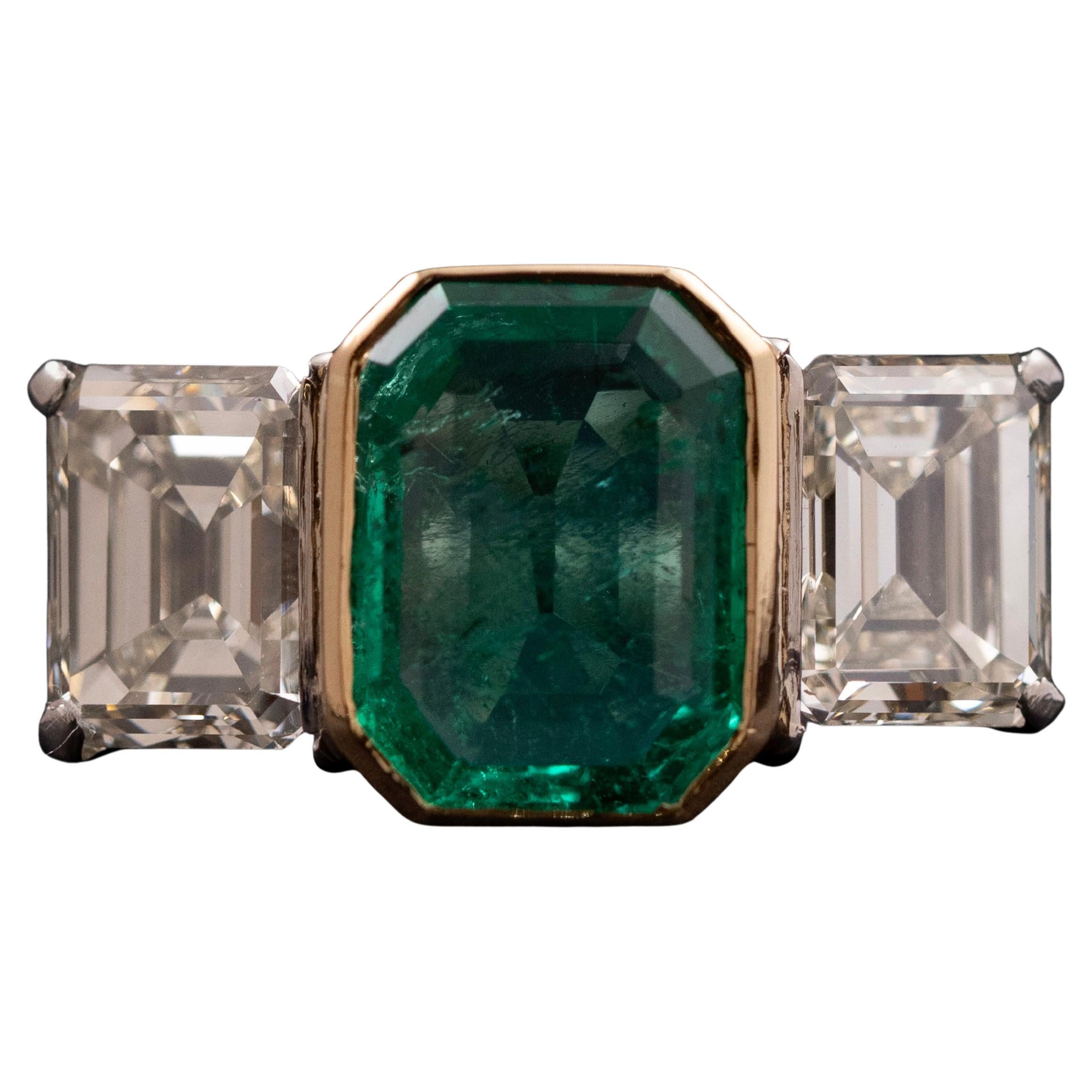 Vintage Emerald Diamond Three Stone Engagement Ring Platinum Yellow Gold