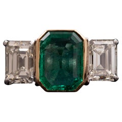 Vintage Emerald Diamond Three Stone Engagement Ring Platinum Yellow Gold