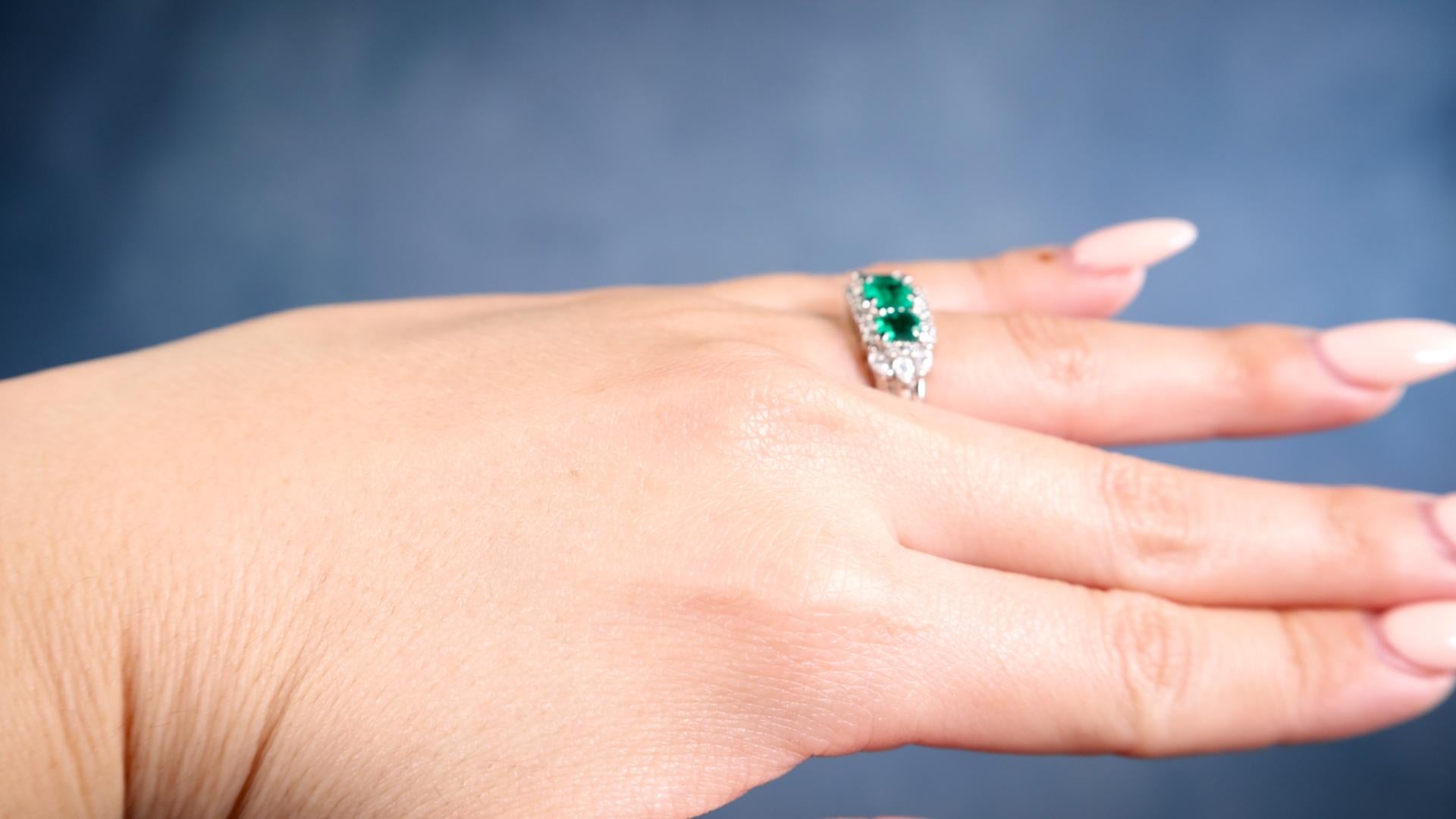 Marquise Cut Vintage Emerald Diamond Three Stone Platinum Ring