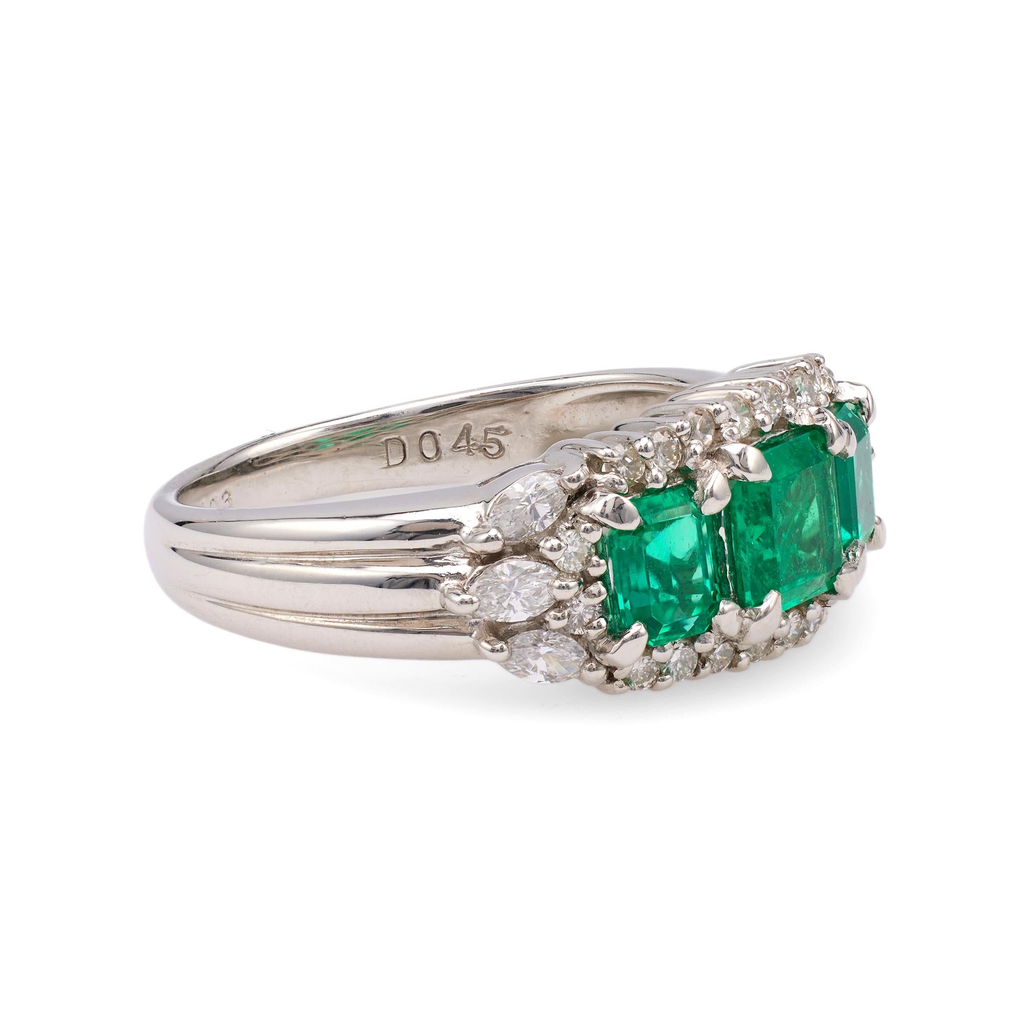 Vintage Emerald Diamond Three Stone Platinum Ring In Excellent Condition In Beverly Hills, CA