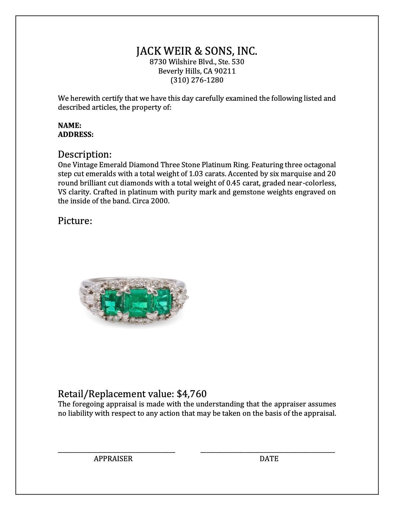 Vintage Emerald Diamond Three Stone Platinum Ring For Sale 1
