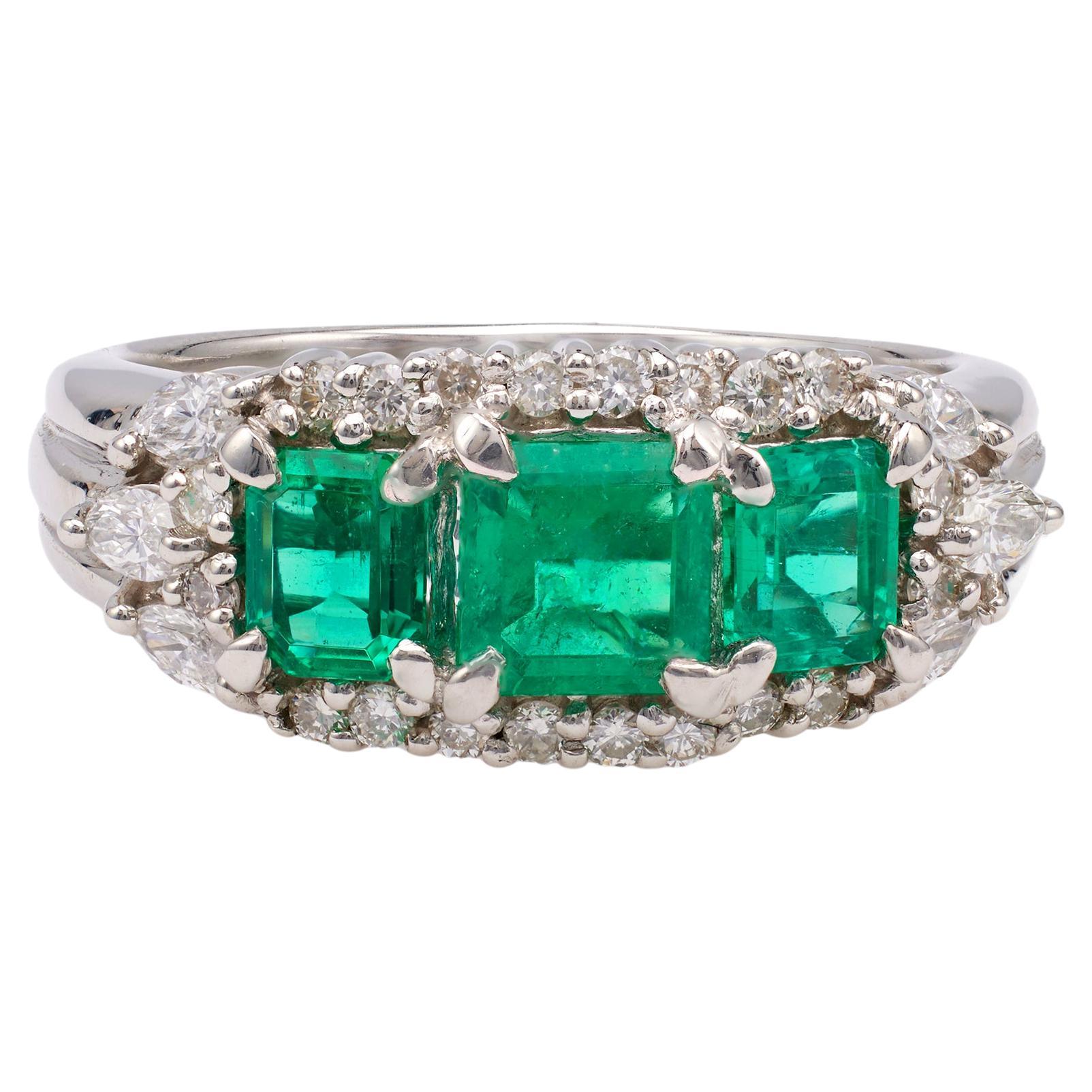 Vintage Emerald Diamond Three Stone Platinum Ring For Sale
