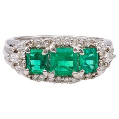 Vintage Emerald Diamond Three Stone Platinum Ring