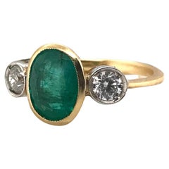 Vintage Emerald & Diamond Three Stone Ring 18K