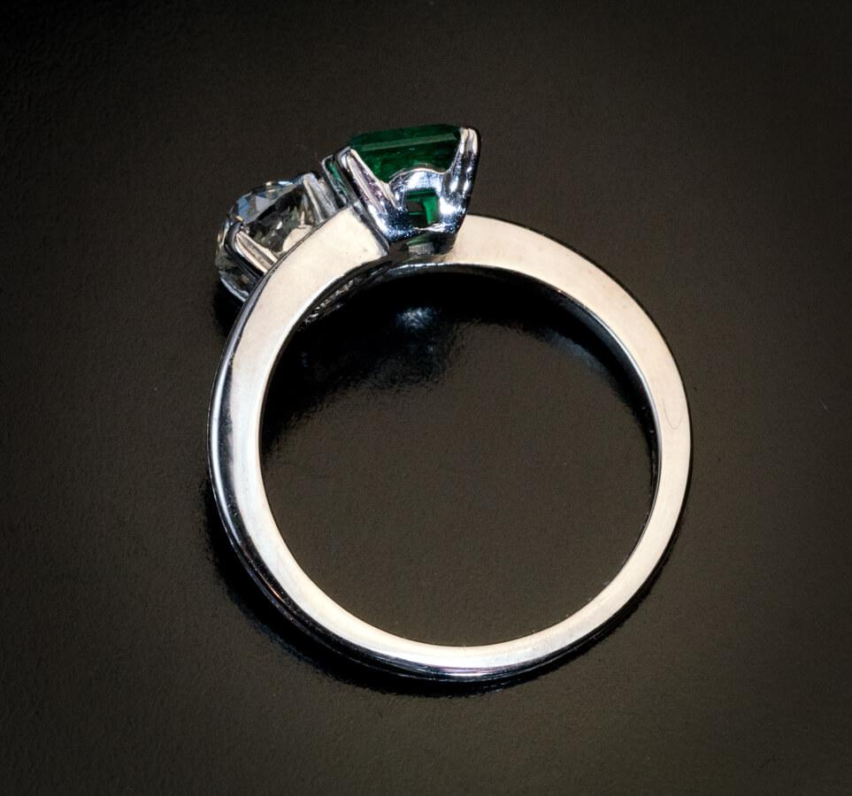 Old European Cut Vintage Emerald Diamond White Gold Bypass Engagement Ring For Sale