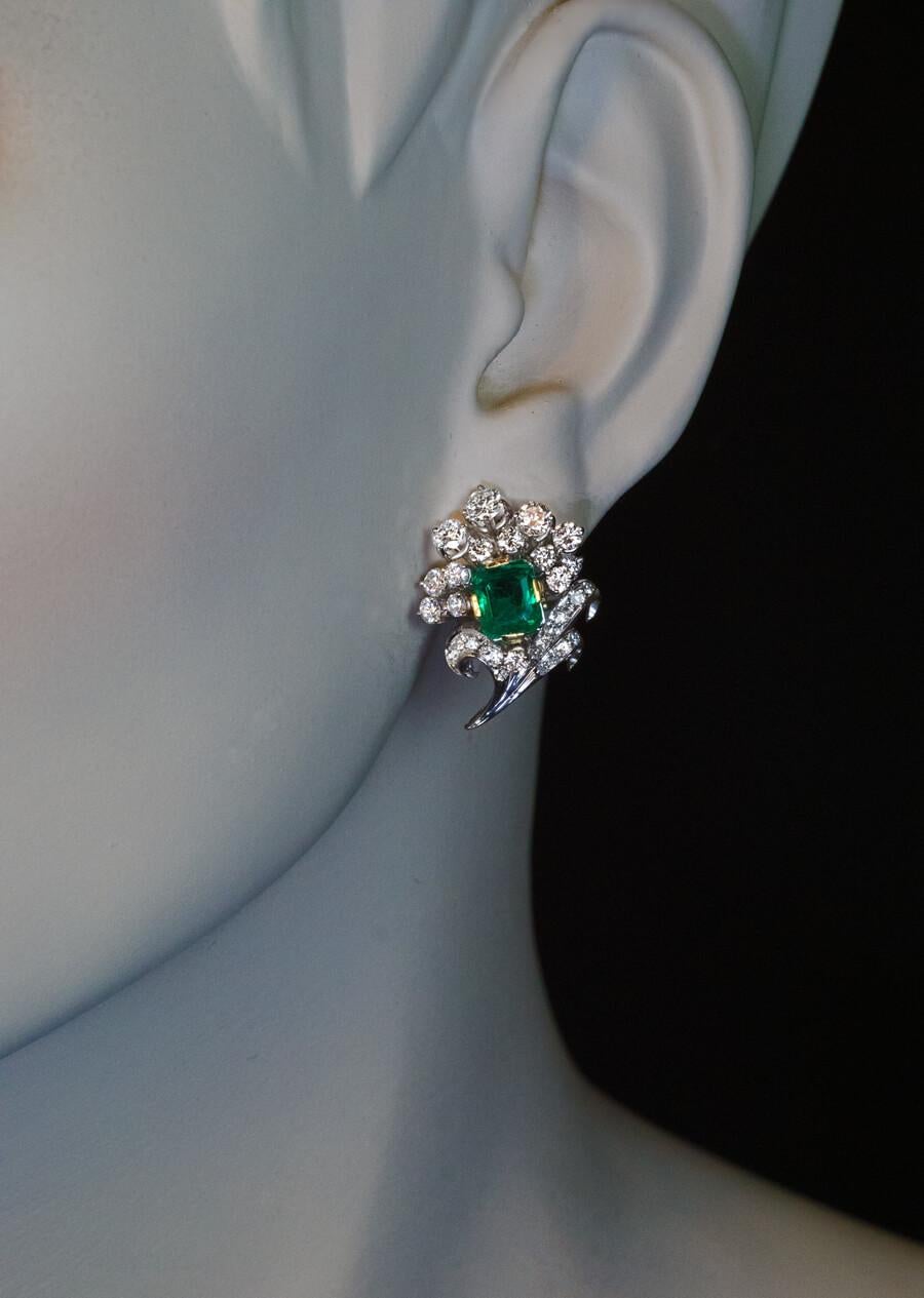 Retro Vintage Emerald Diamond White Gold Earrings