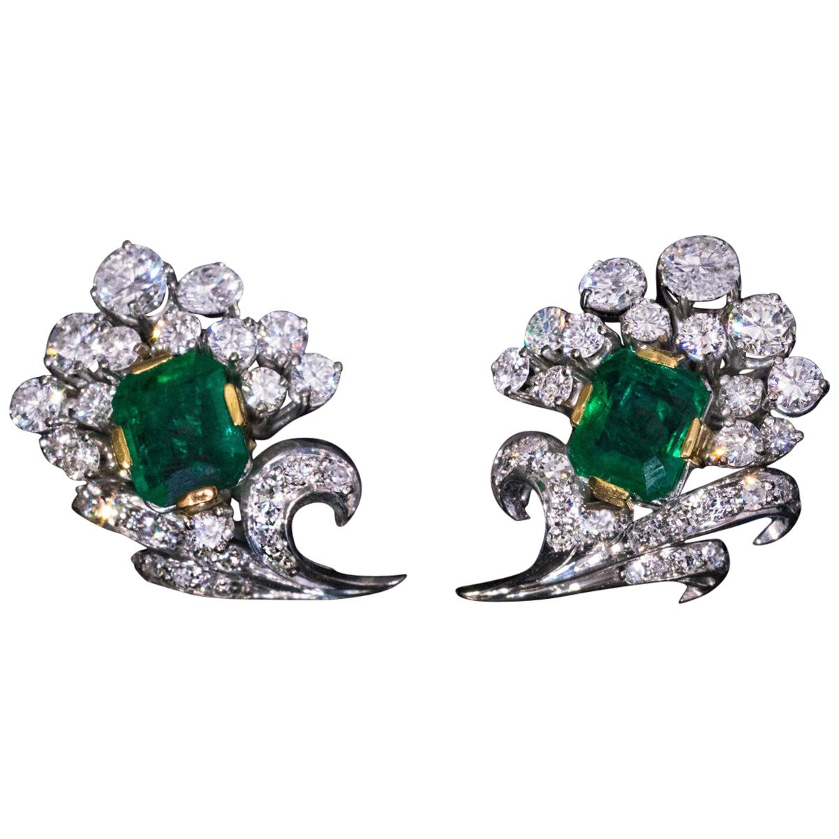 Vintage Emerald Diamond White Gold Earrings