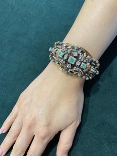 Vintage Smaragd & Diamant Breite Manschette Armband 18K Gelbgold Silber Top