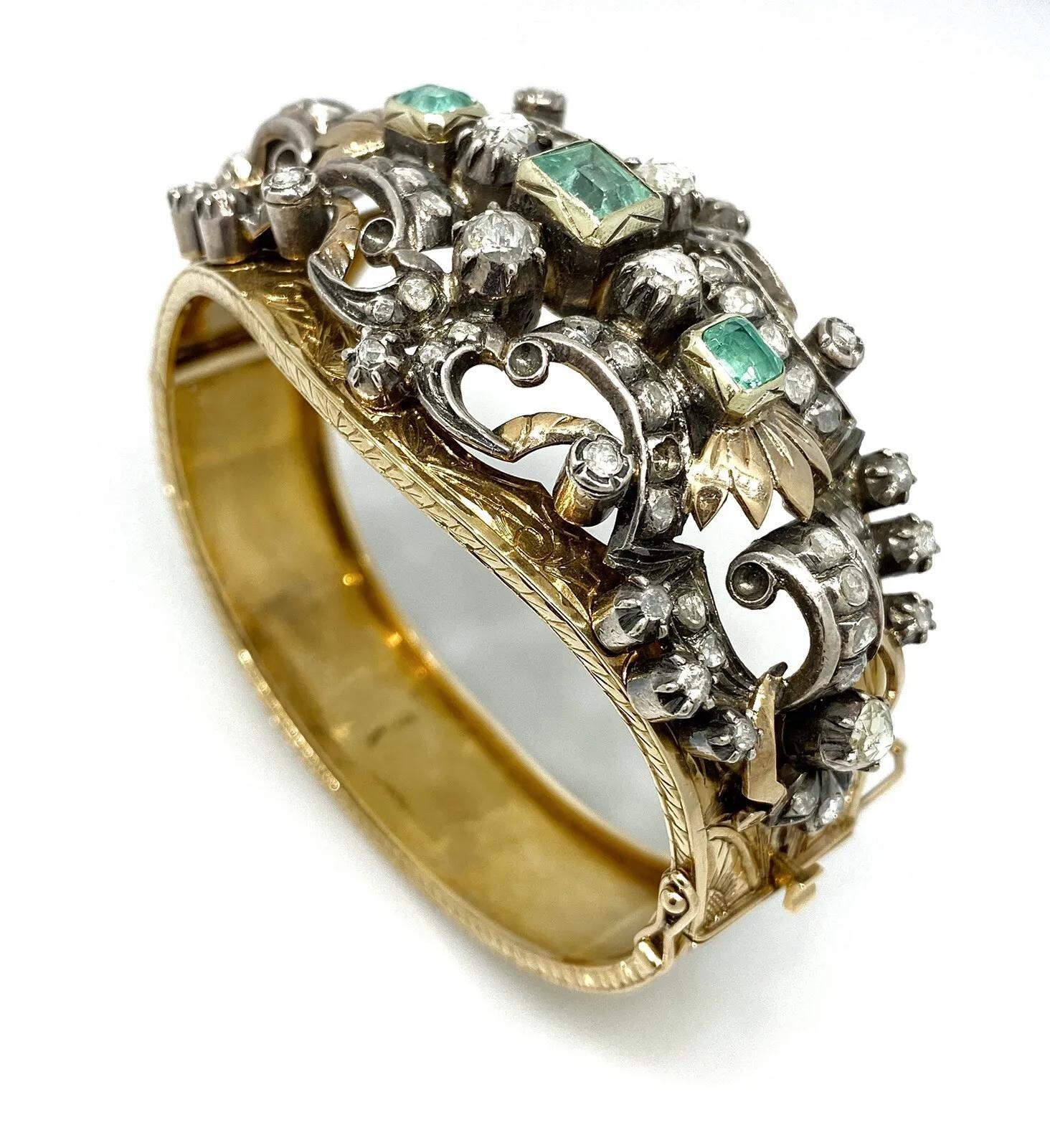 Rough Cut Vintage Emerald & Diamond Wide Cuff Bracelet 18K Yellow Gold Silver Top For Sale