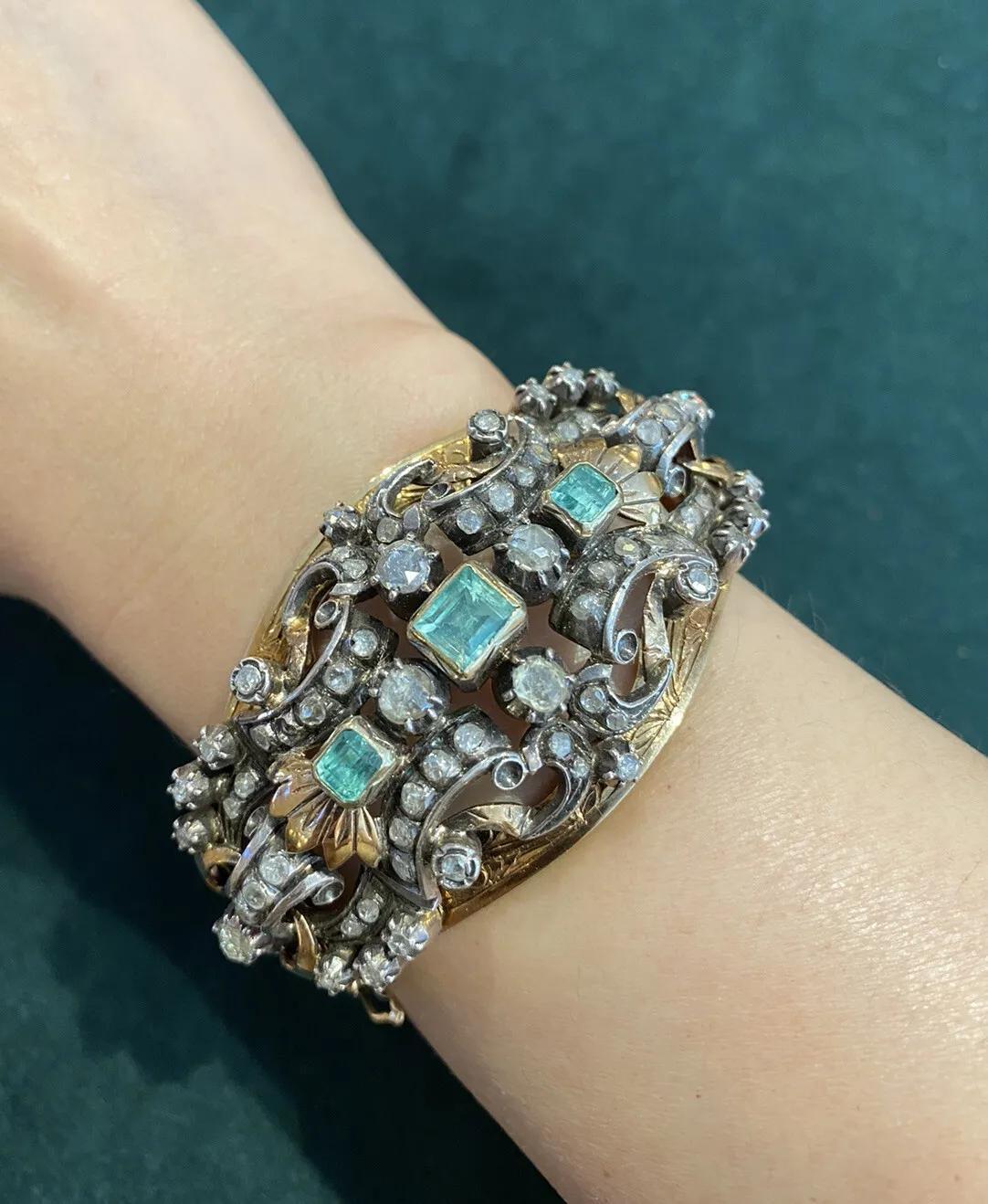 Vintage Smaragd & Diamant Breite Manschette Armband 18K Gelbgold Silber Top im Zustand „Relativ gut“ im Angebot in La Jolla, CA