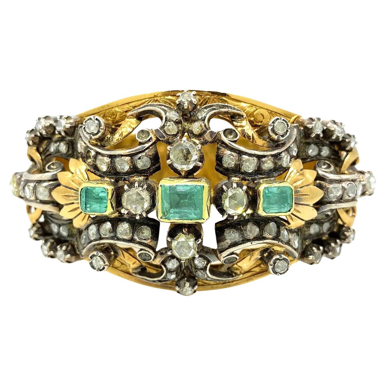 Vintage Emerald & Diamond Wide Cuff Bracelet 18K Yellow Gold Silver Top For Sale