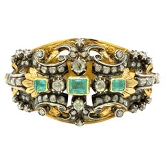 Bracelet manchette large vintage en or jaune 18 carats avec émeraudes et diamants