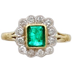 Vintage Emerald Diamond Yellow Gold Cluster Ring