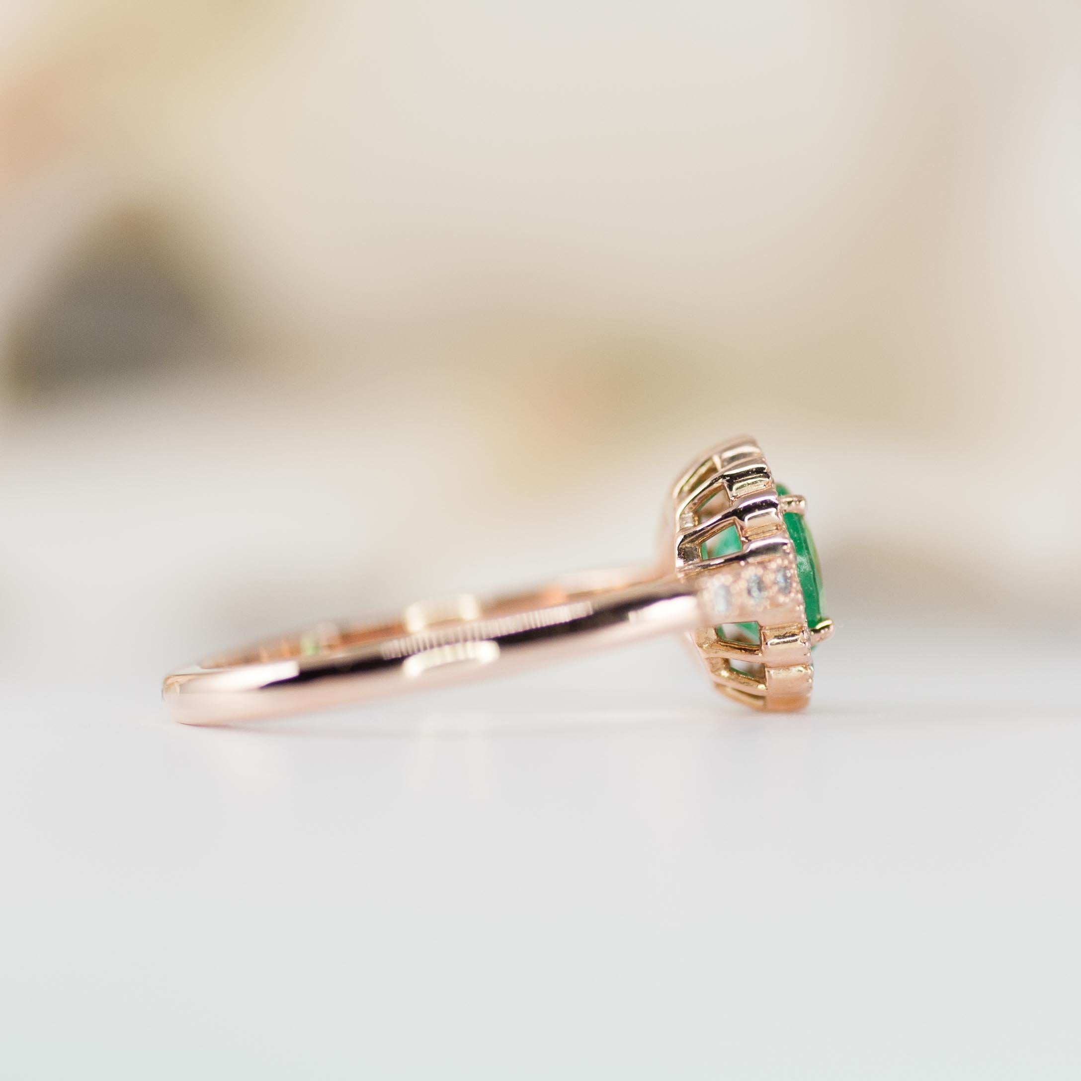 Artisan Vintage Emerald Engagement Ring, Rose Gold, Halo Engagement Ring For Sale