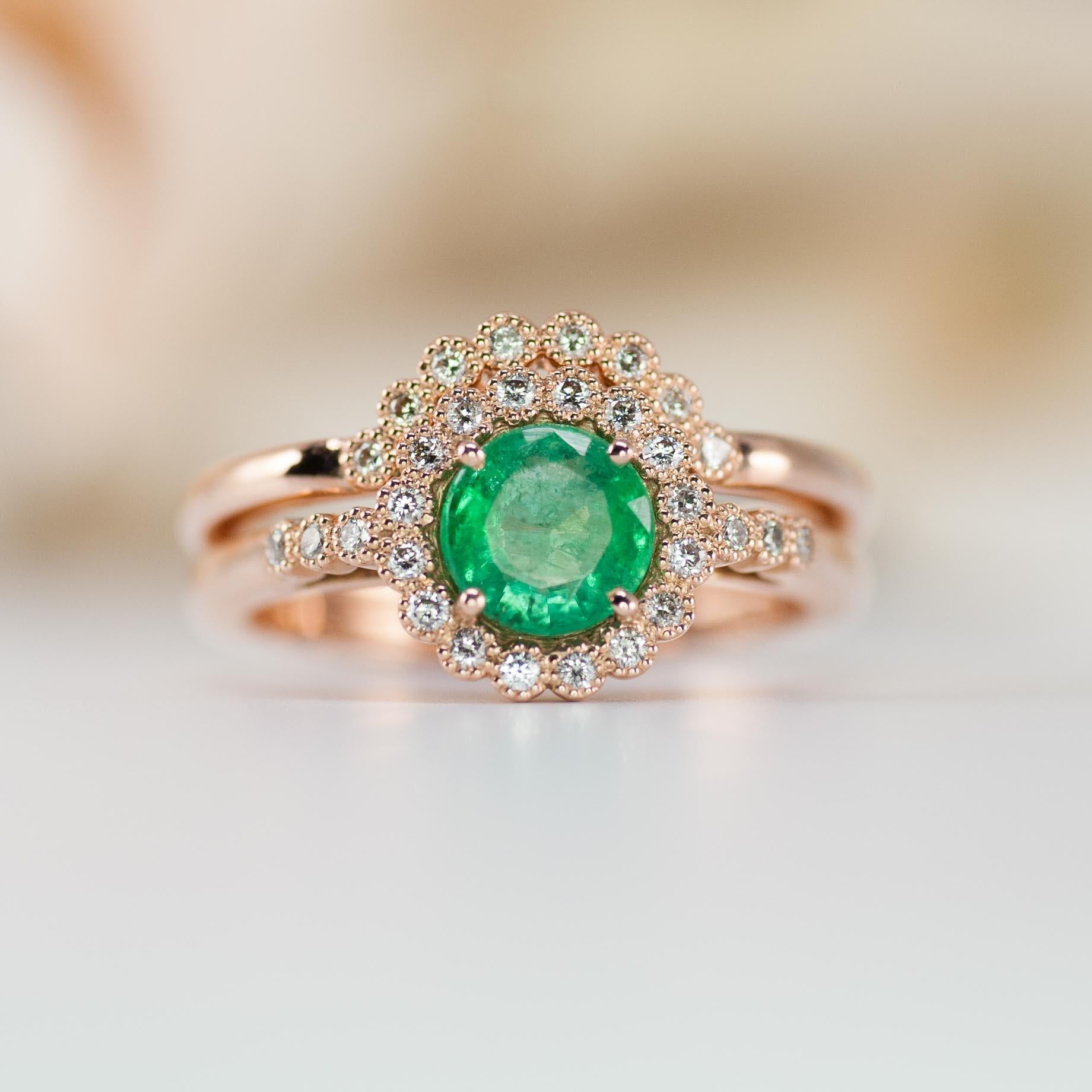 Vintage Emerald Engagement Ring, Rose Gold, Halo Engagement Ring In New Condition For Sale In Mission Viejo, CA