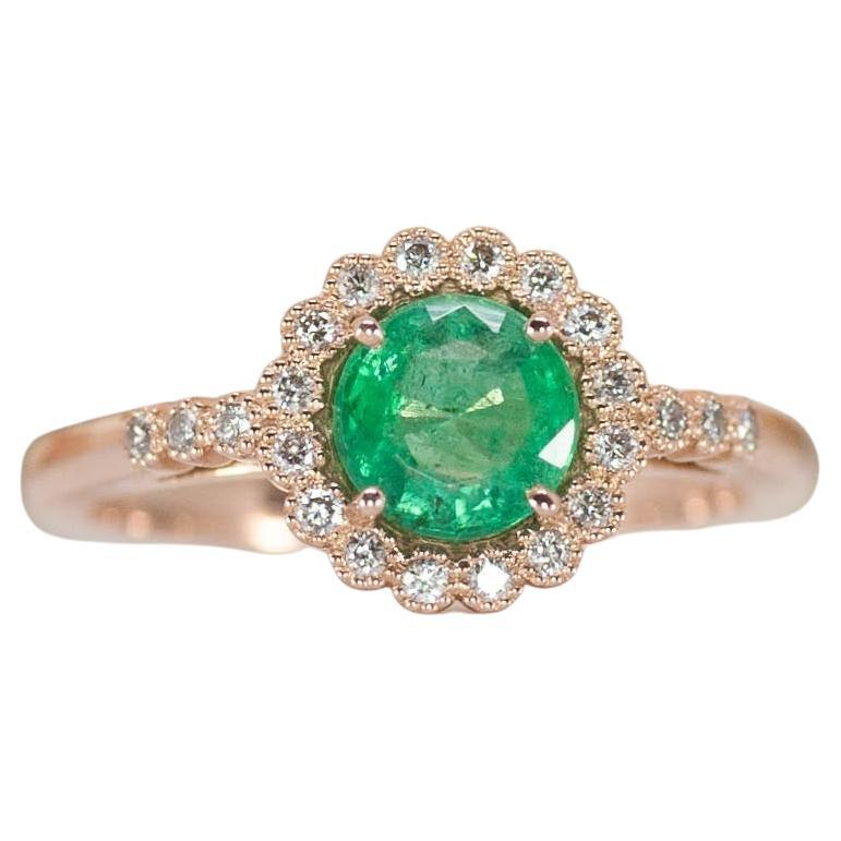 Vintage Emerald Engagement Ring, Rose Gold, Halo Engagement Ring For Sale