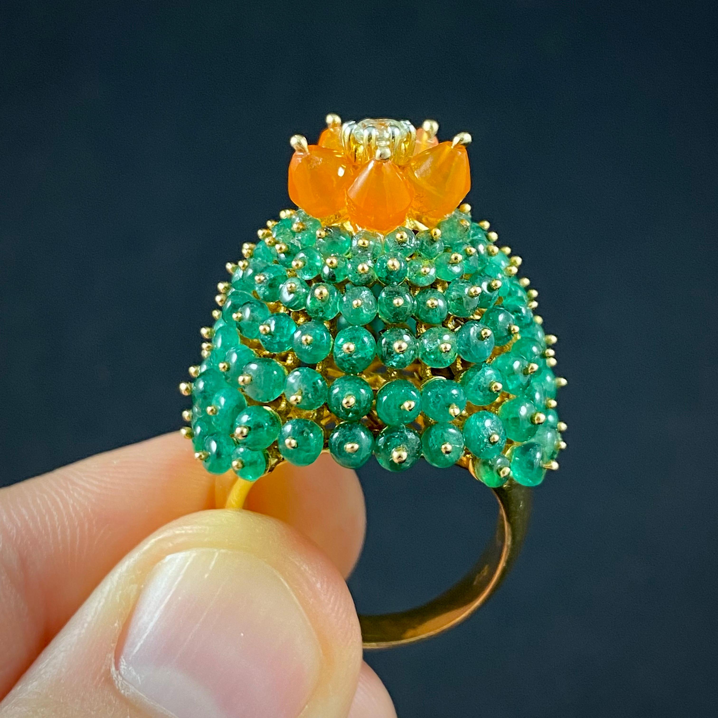 Vintage Emerald Fire Opal Diamond Bombe Cactus Cocktail Ring Yellow Gold 1990s 1