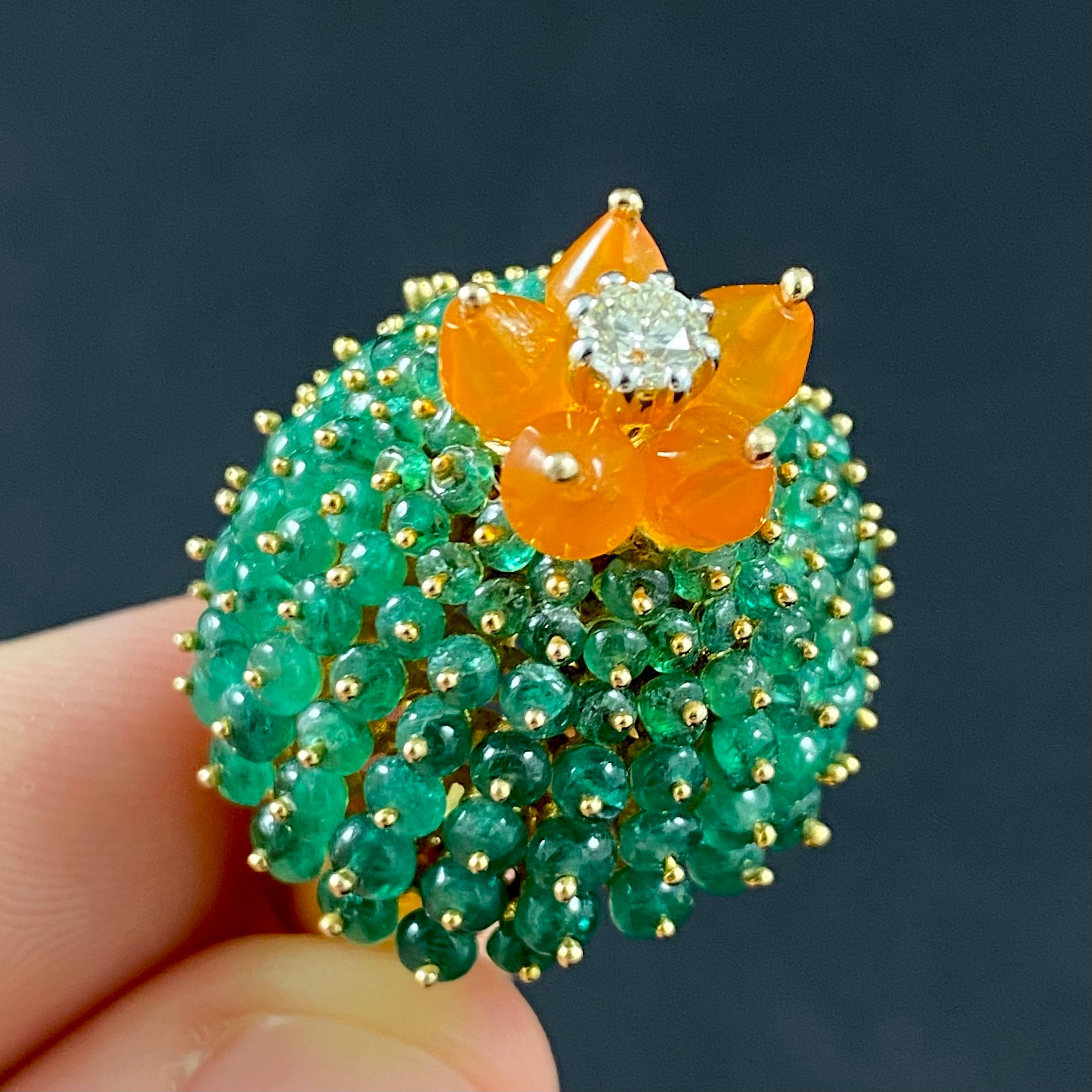 Vintage Emerald Fire Opal Diamond Bombe Cactus Cocktail Ring Yellow Gold 1990s 2