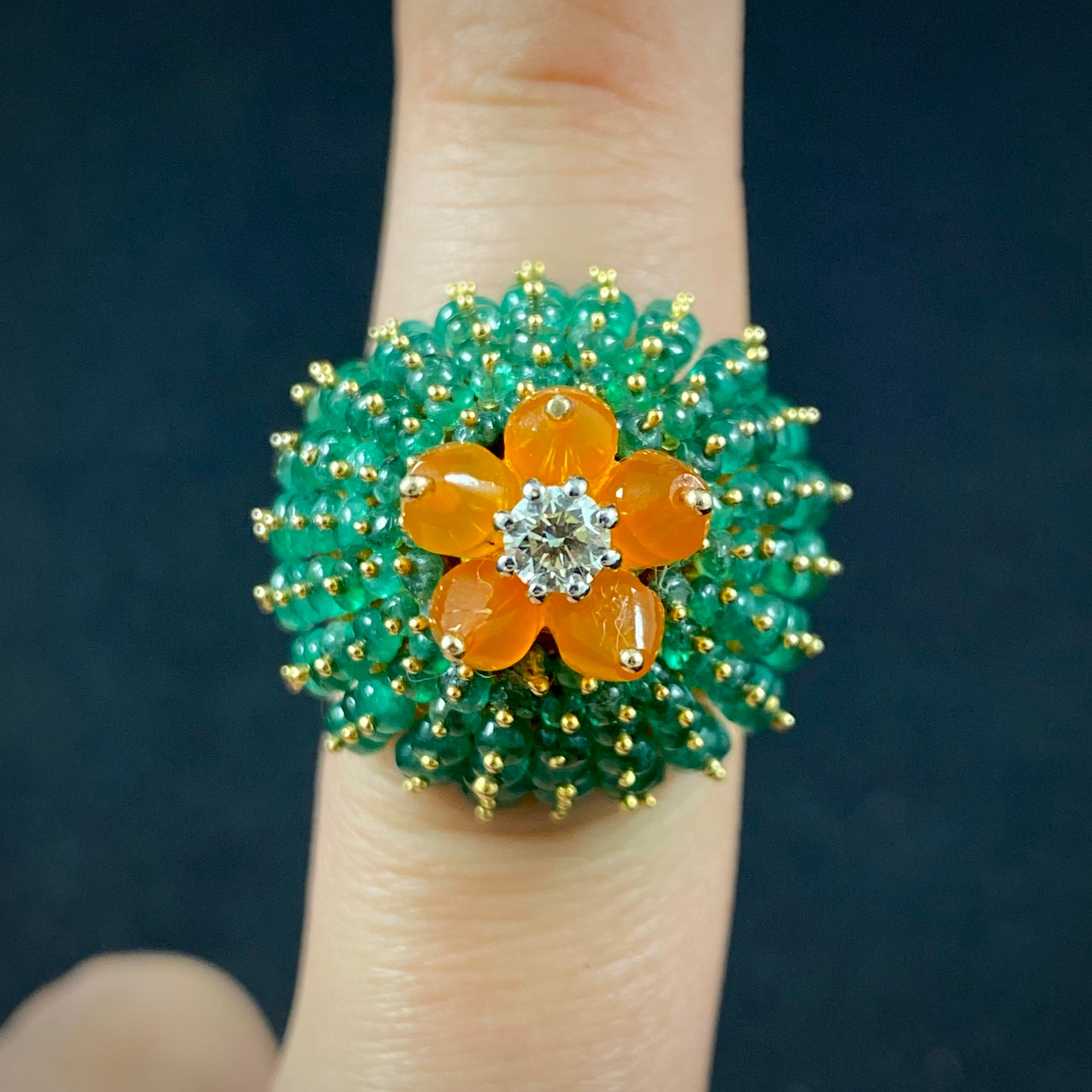 Vintage Emerald Fire Opal Diamond Bombe Cactus Cocktail Ring Yellow Gold 1990s 4
