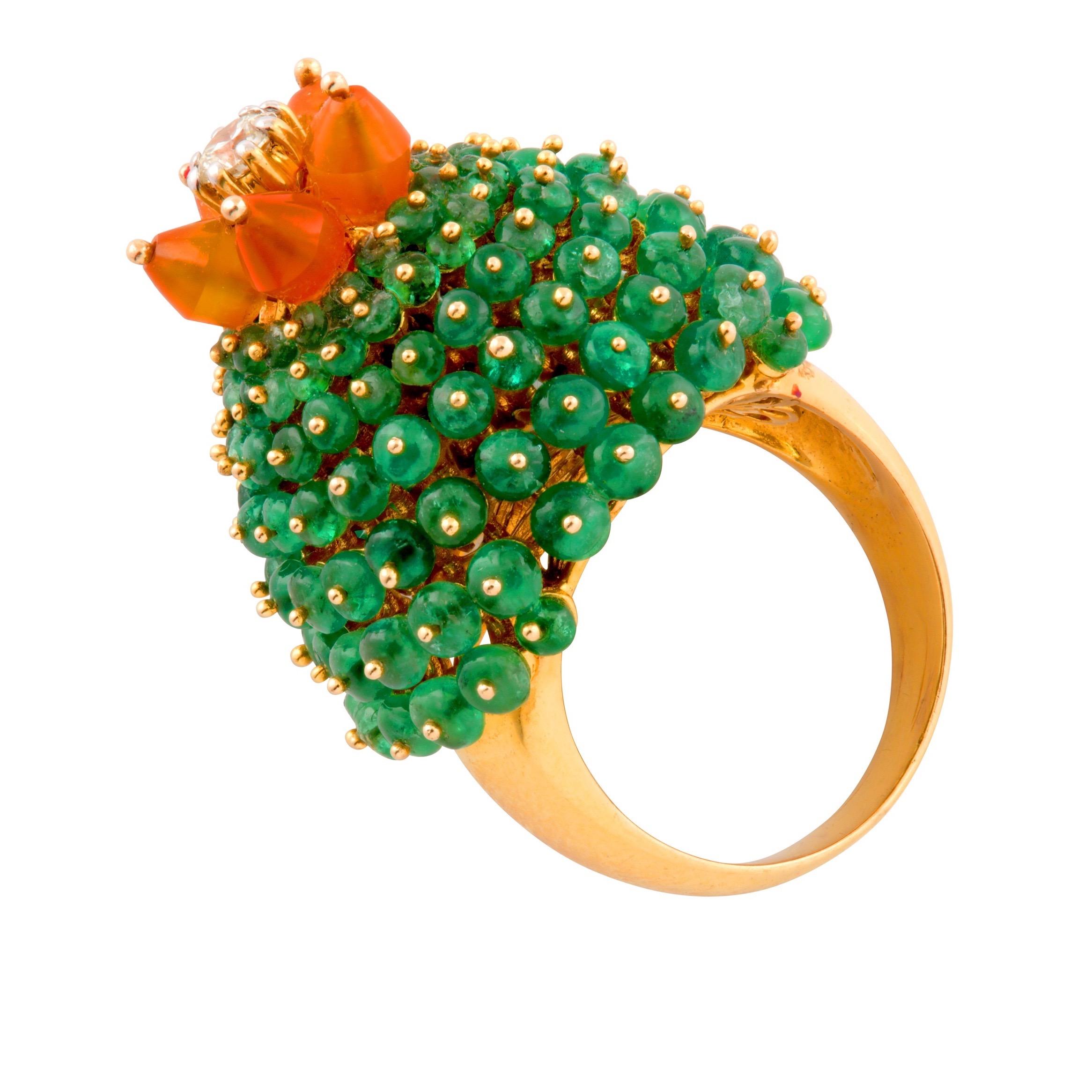 Vintage Emerald Fire Opal Diamond Bombe Cactus Cocktail Ring Yellow Gold 1990s 5