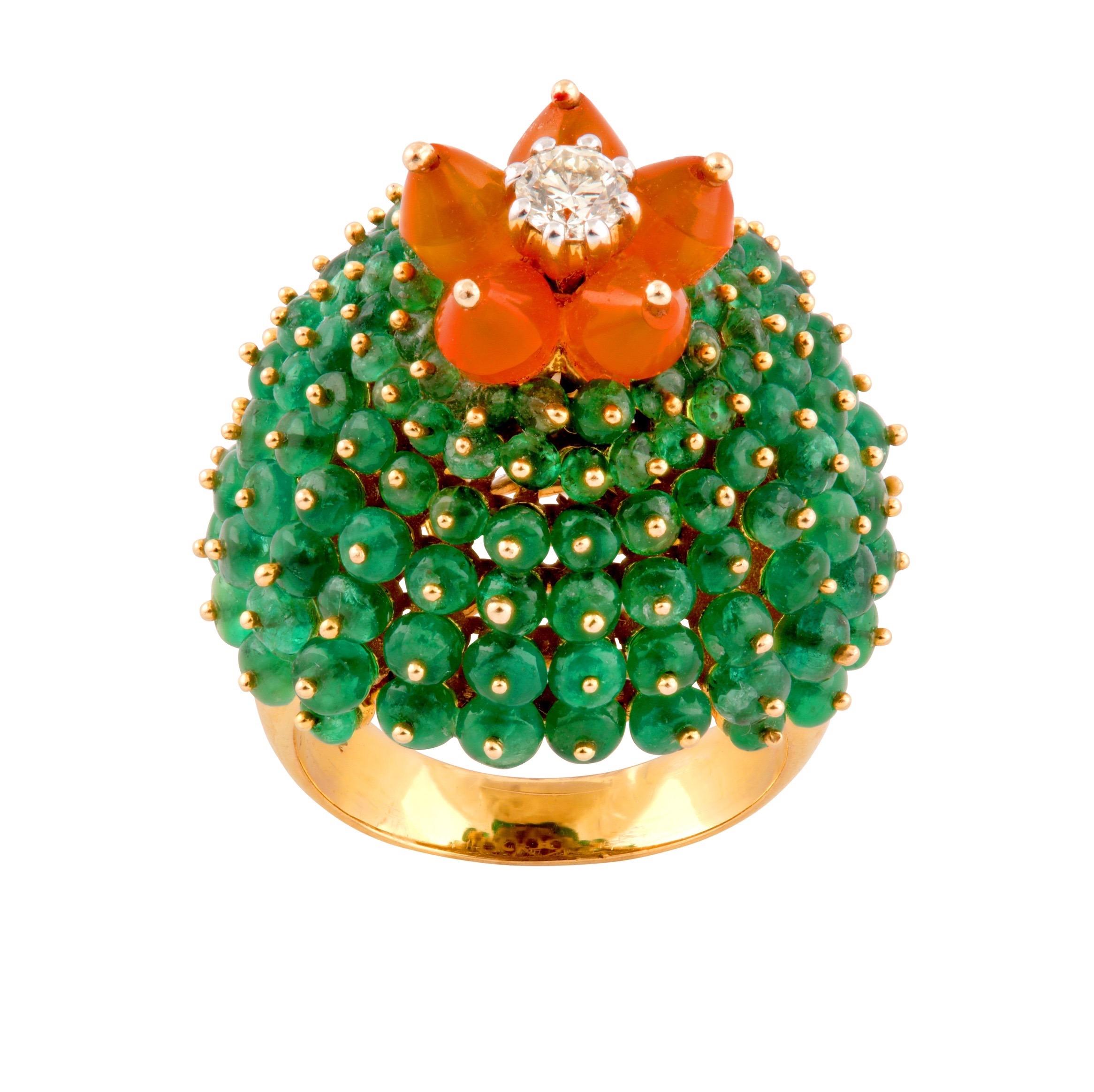 Vintage Emerald Fire Opal Diamond Bombe Cactus Cocktail Ring Yellow Gold 1990s 6