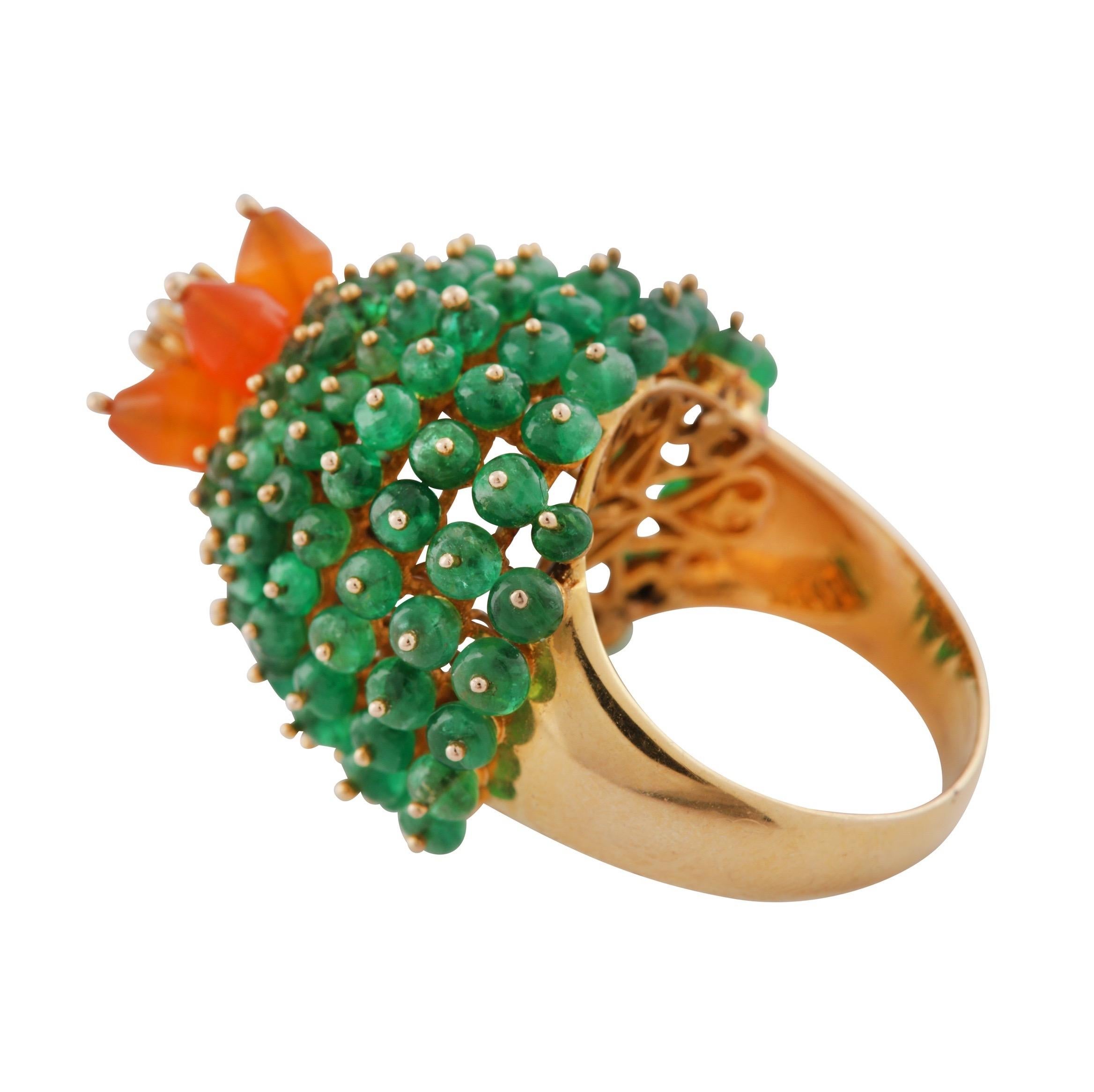 Vintage Emerald Fire Opal Diamond Bombe Cactus Cocktail Ring Yellow Gold 1990s 7