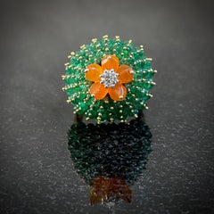 Vintage Emerald Fire Opal Diamond Bombe Cactus Cocktail Ring Yellow Gold 1990s
