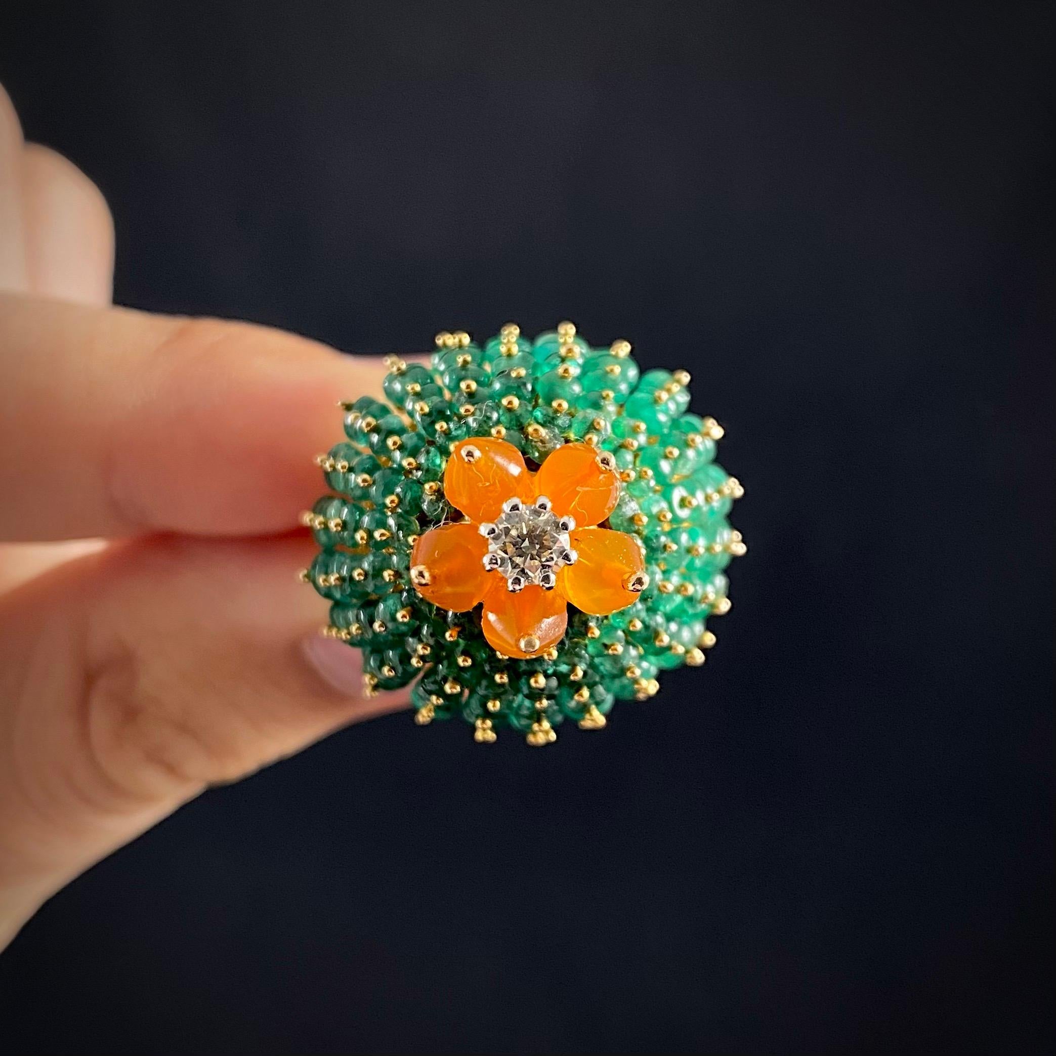 Modern Vintage Emerald Fire Opal Diamond Bombe Cactus Cocktail Ring Yellow Gold 1990s