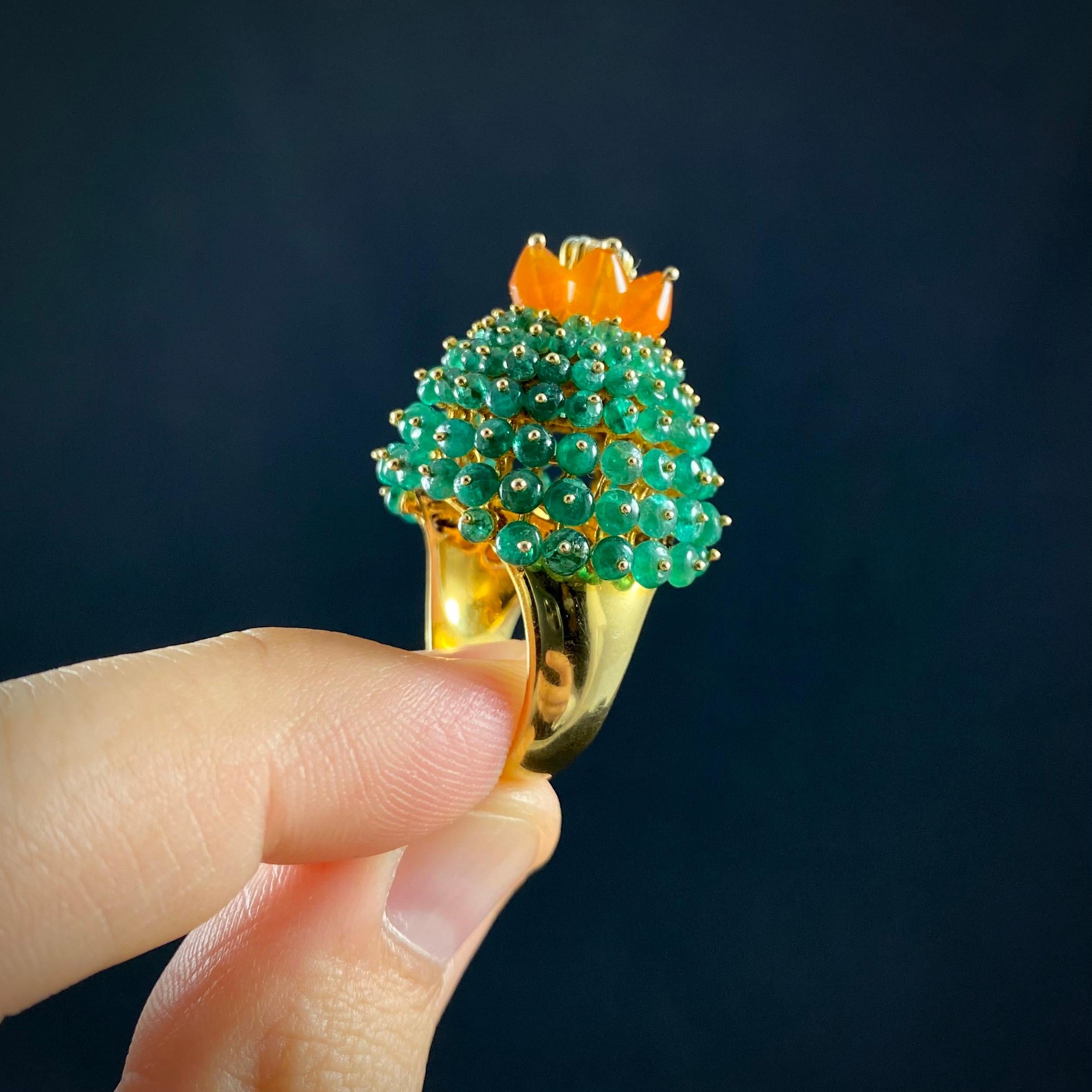Vintage Emerald Fire Opal Diamond Bombe Cactus Cocktail Ring Yellow Gold 1990s In Good Condition In Lisbon, PT