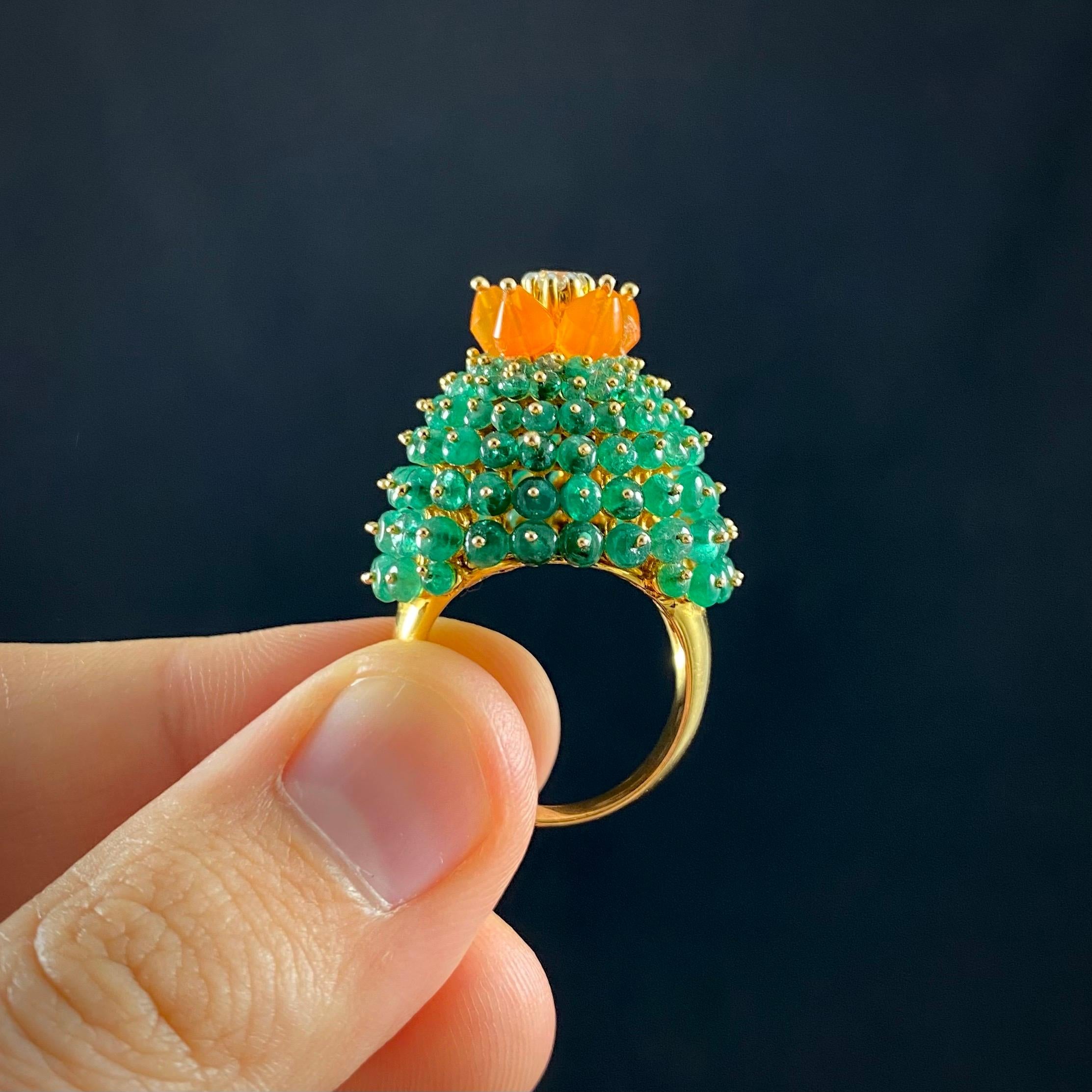 Women's or Men's Vintage Emerald Fire Opal Diamond Bombe Cactus Cocktail Ring Yellow Gold 1990s