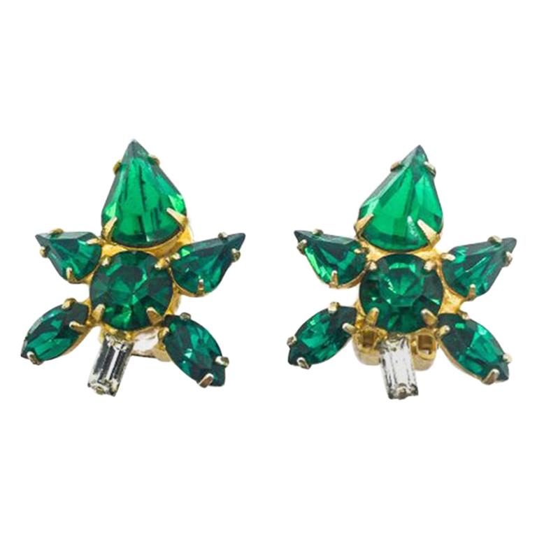 Vintage Emerald Glass Flower Earrings 1950S