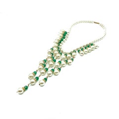 Vintage Emerald Glass & Pearl Fringe Necklace 1950s