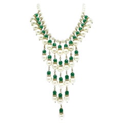 Retro Emerald Glass & Pearl Fringe Necklace 1950s