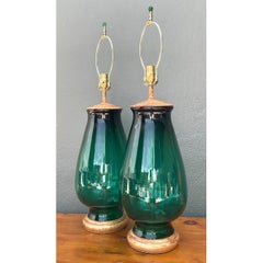 Vintage Emerald Glass Table Lamps - Set of 2