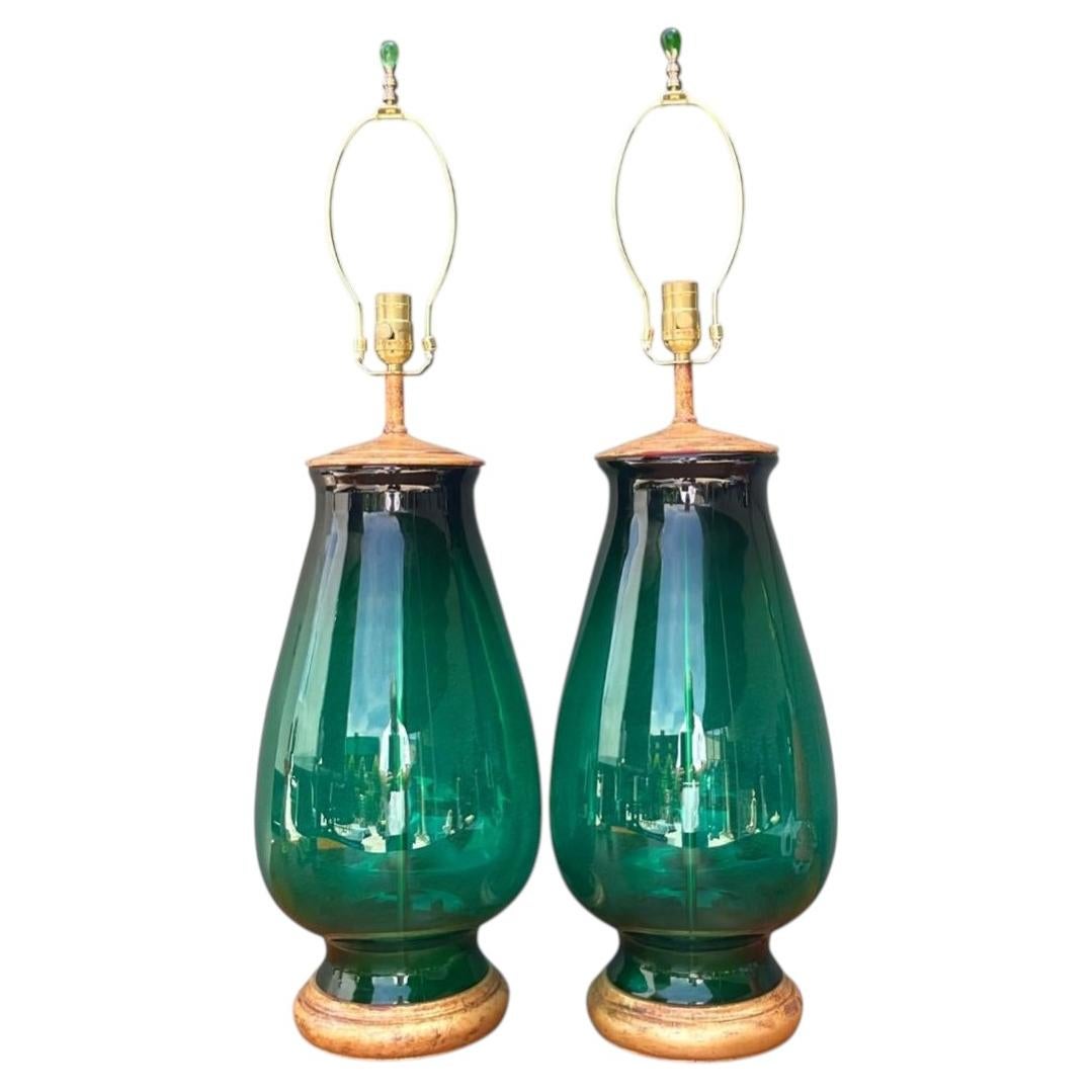 Vintage Emerald Glass Table Lamps - Set of 2
