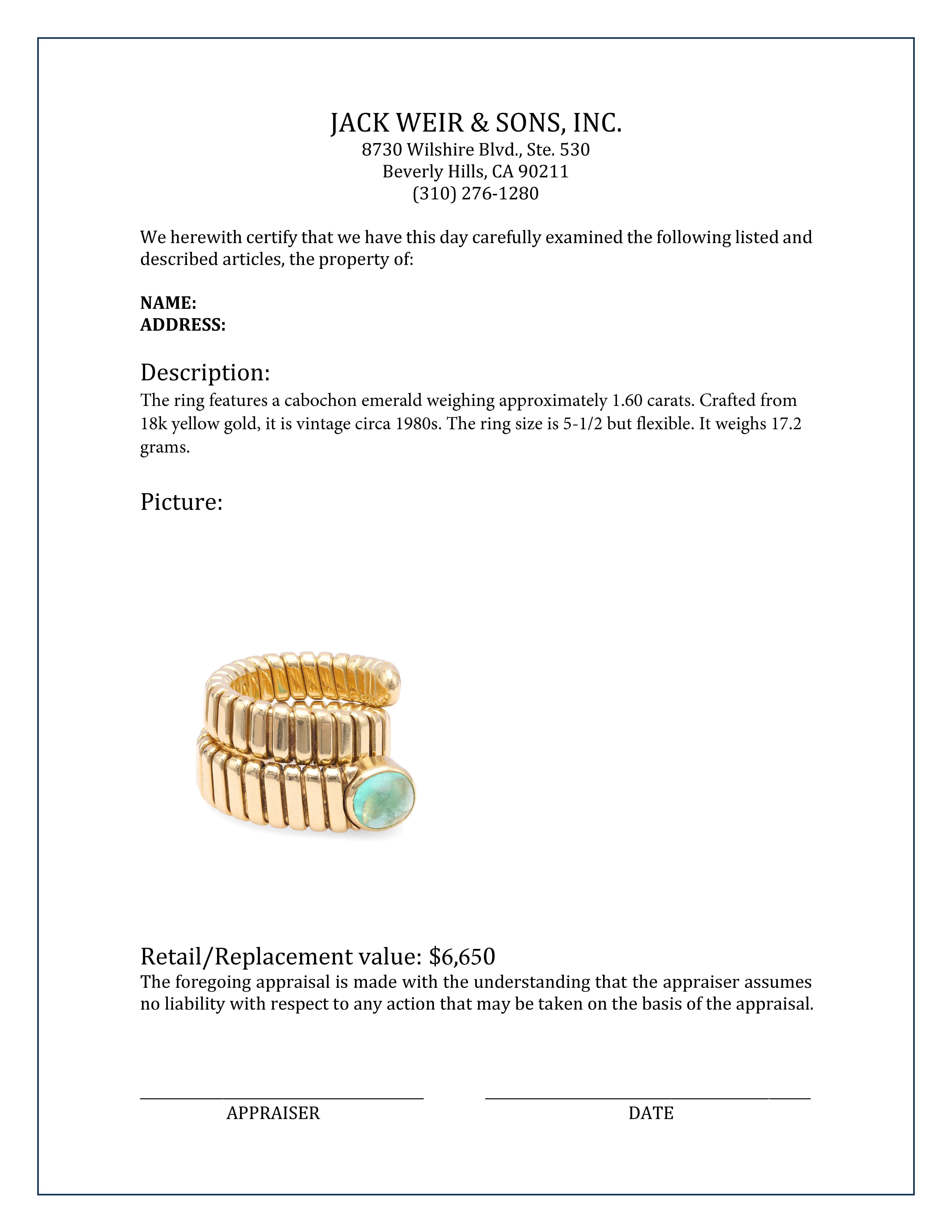 Vintage Emerald Gold Tubogas Snake Ring Excellent état - En vente à Beverly Hills, CA