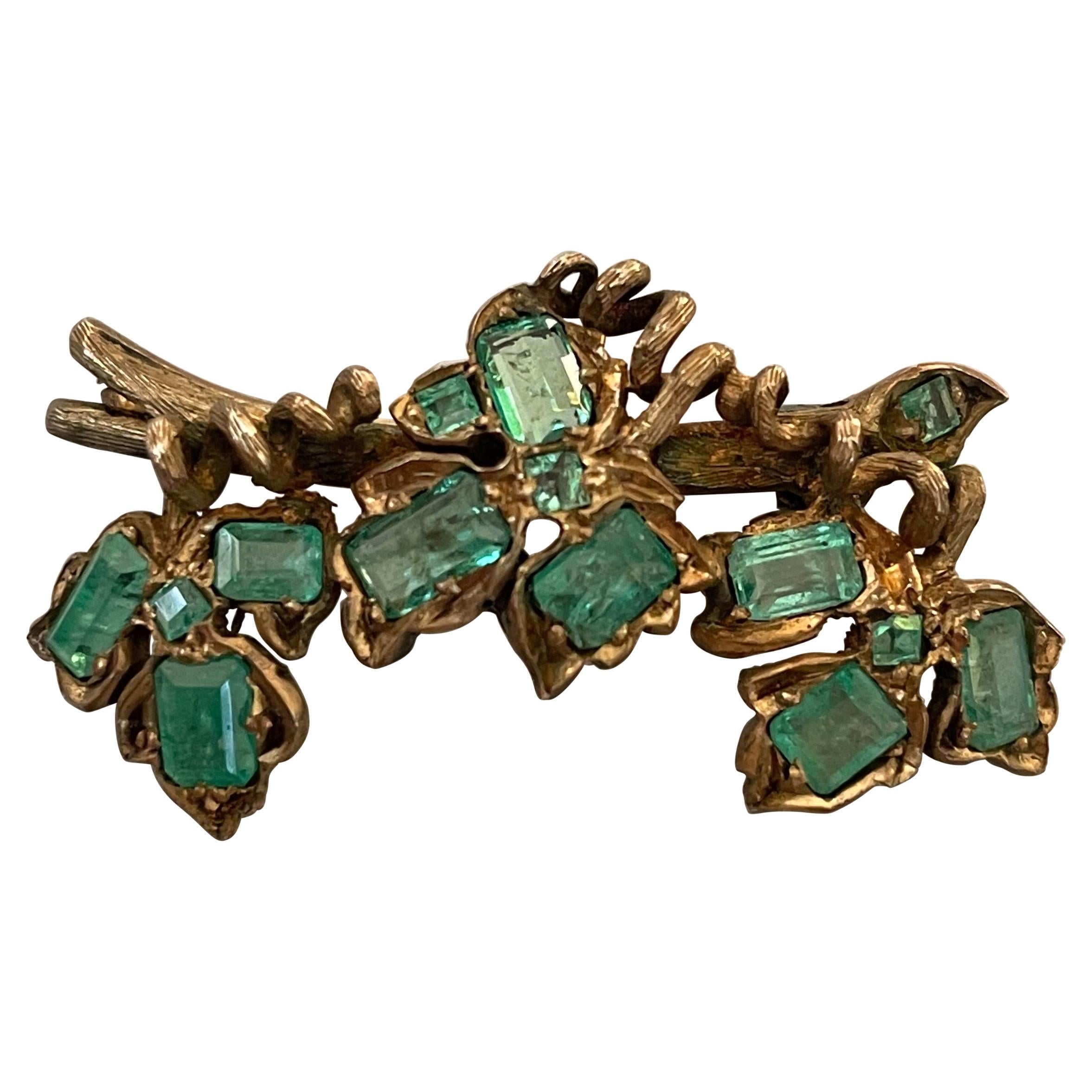 Vintage Emerald Gold Washed and Silver Brooch Pin