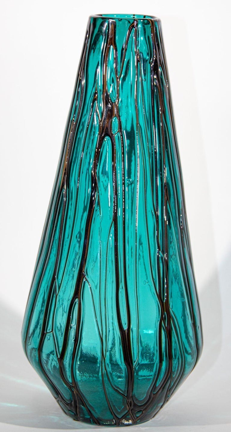 Vintage Emerald Green and Black Textured Handblown Italian Murano Art Glass For Sale at 1stDibs