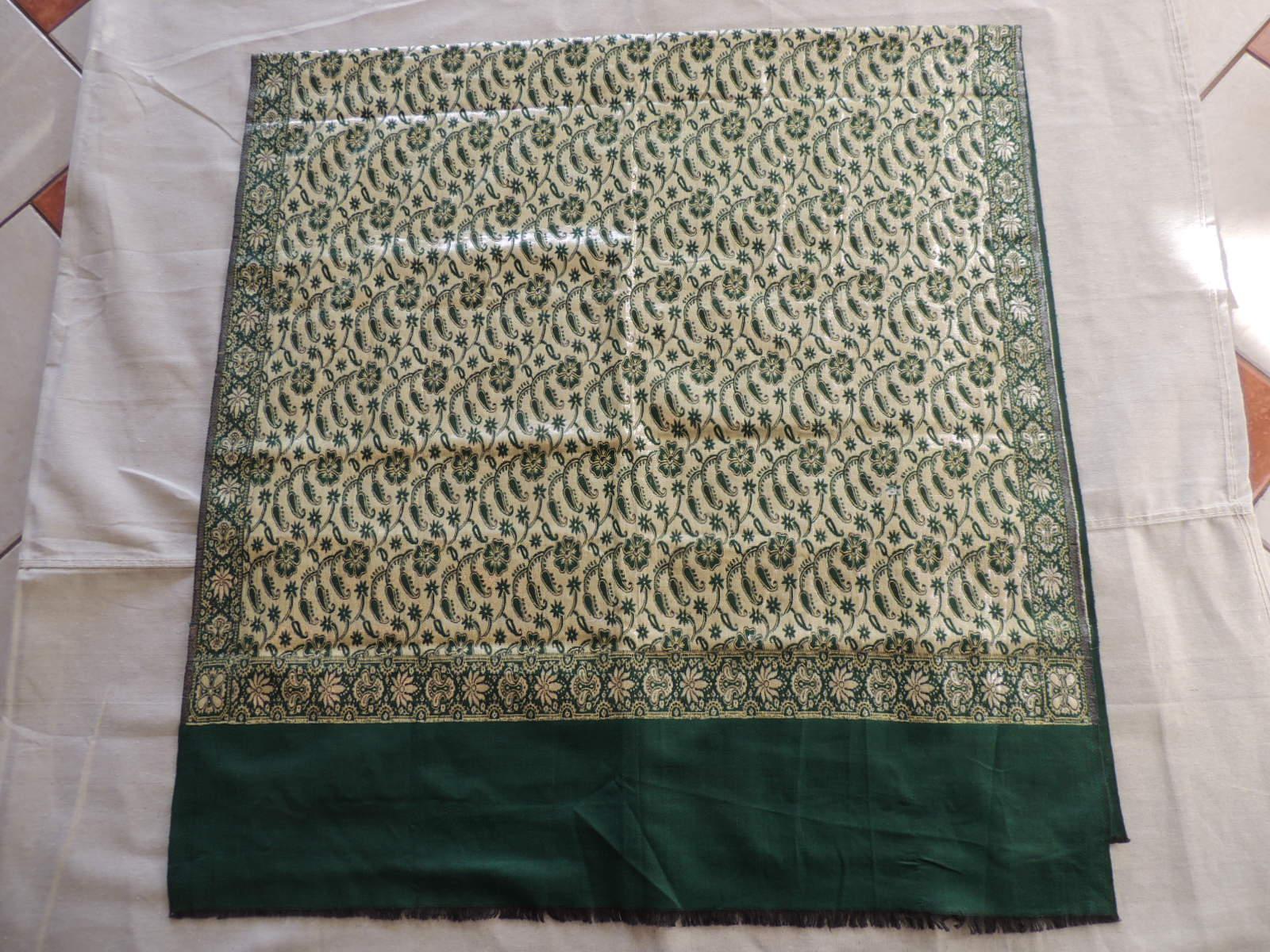 Hand-Crafted Vintage Emerald Green and Gold Indian Woven Paisley Shawl