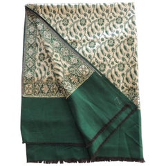 Vintage Emerald Green and Gold Indian Woven Paisley Shawl