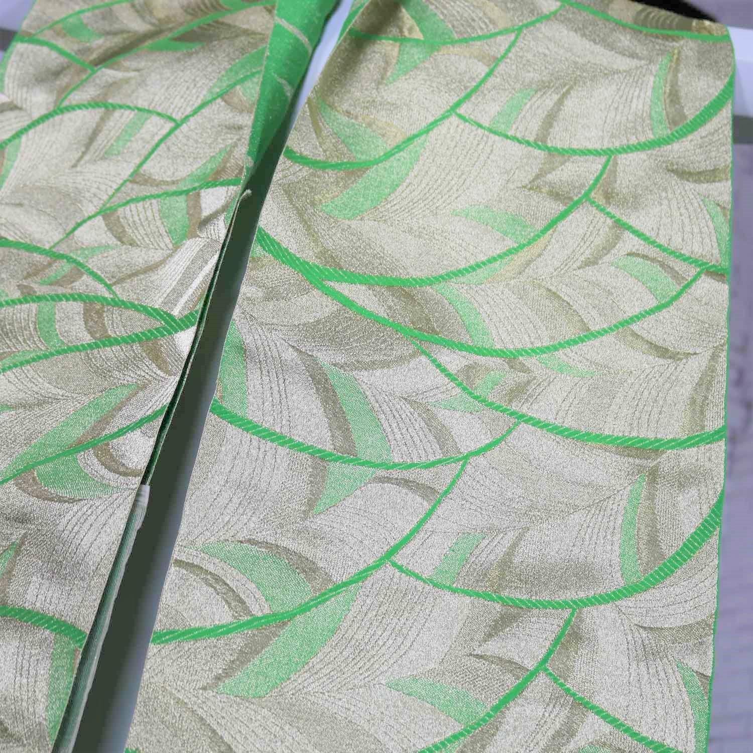 Vintage Emerald Green and Gold Lame Japanese Obi with Geometric Leaf Design For Sale 3
