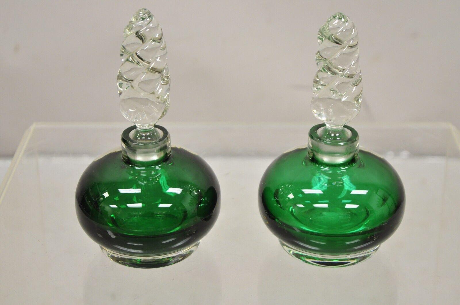 Large Vintage Emerald Green Blown Glass Spiral Stopper Bavarian Perfume Bottle - a Pair. Circa Mid 20th Century. Measurements: 7
